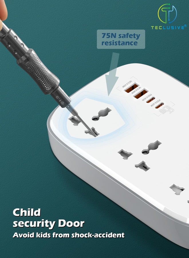 T Teclusive Power Strip Extension Board with Type C 65w Gan Fast Charging USB Ports | 3250W 3 Power Sockets 65w USB C PD QC | Multi Port Extension Surge Protector | 2M Power Cord - Image 5
